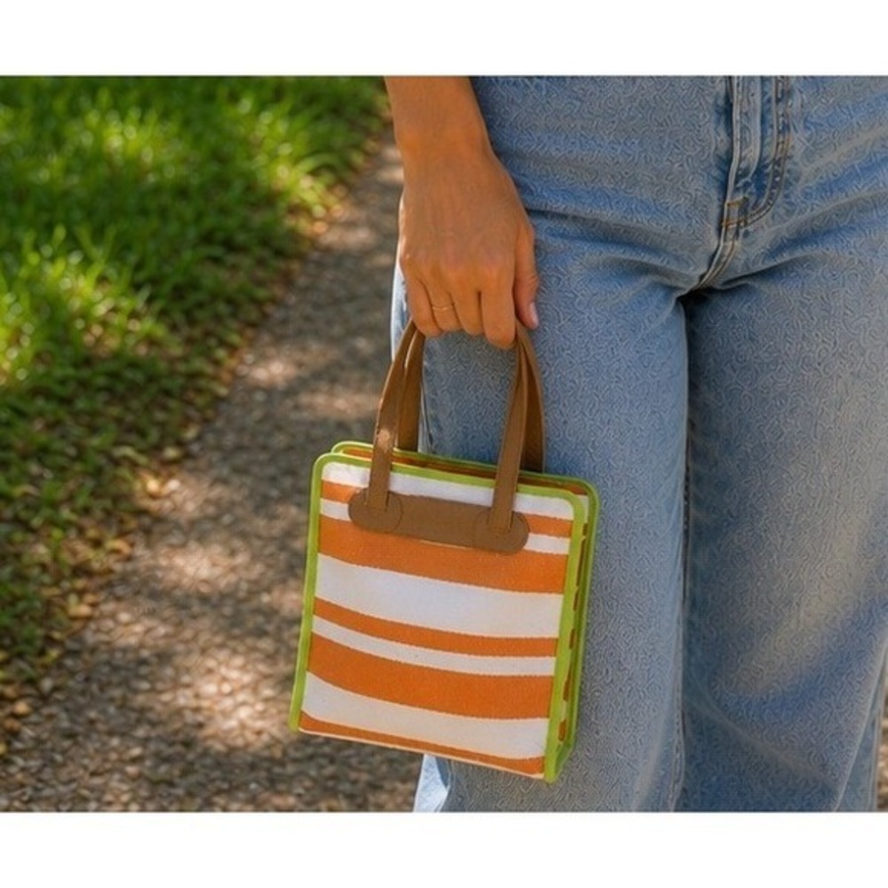 Neiman Marcus Orange White Striped Tote Bag Lime Green Trim Summer Beach Bag